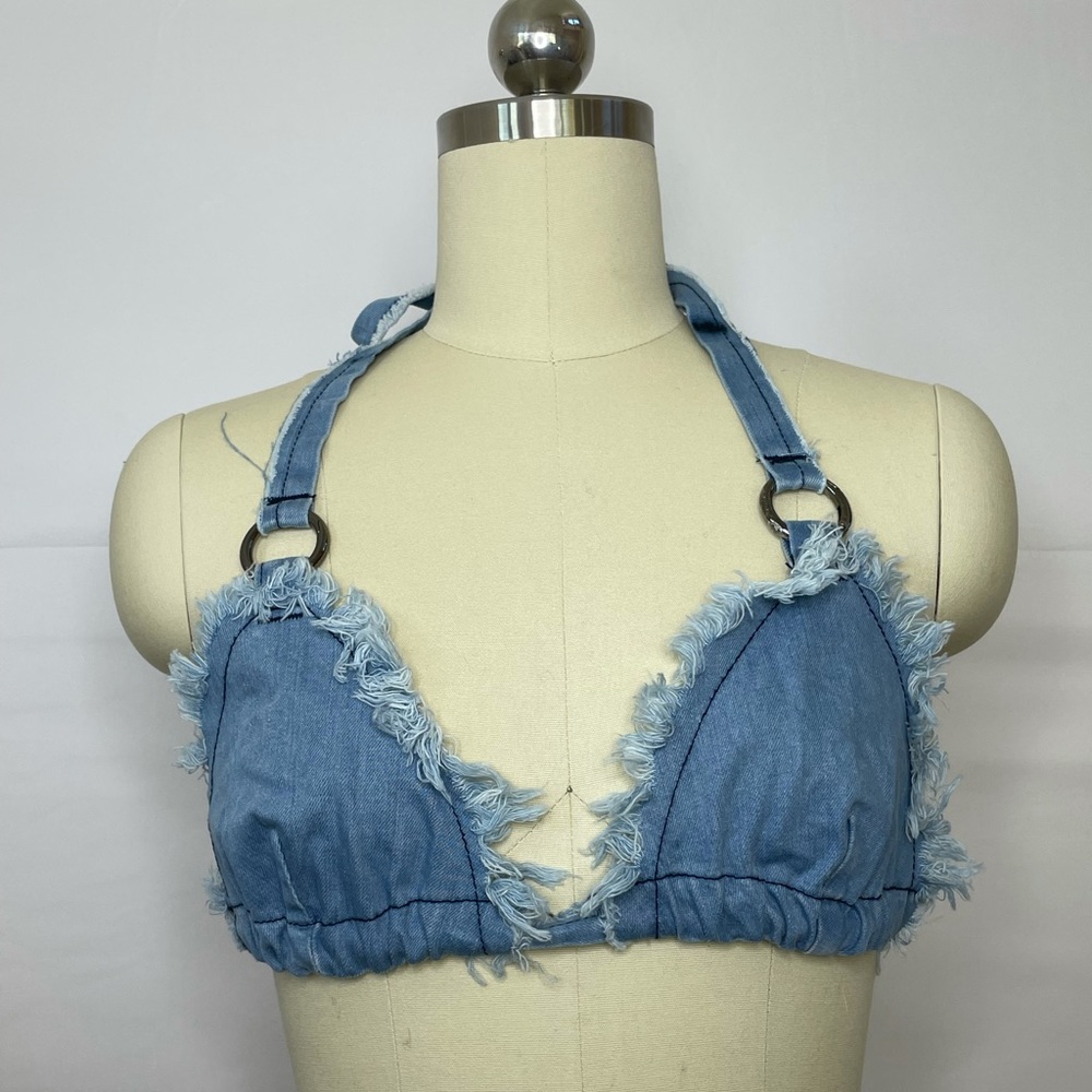 Denim triangle tie top
